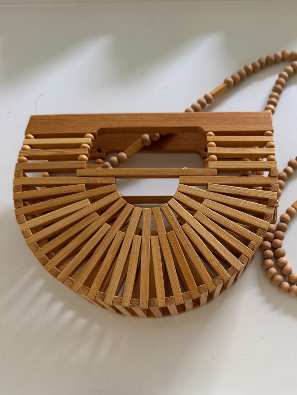 Cult Gaia Style Mini Semi Circle Bamboo Handbag w/ Detachable Wood Bead Strap
